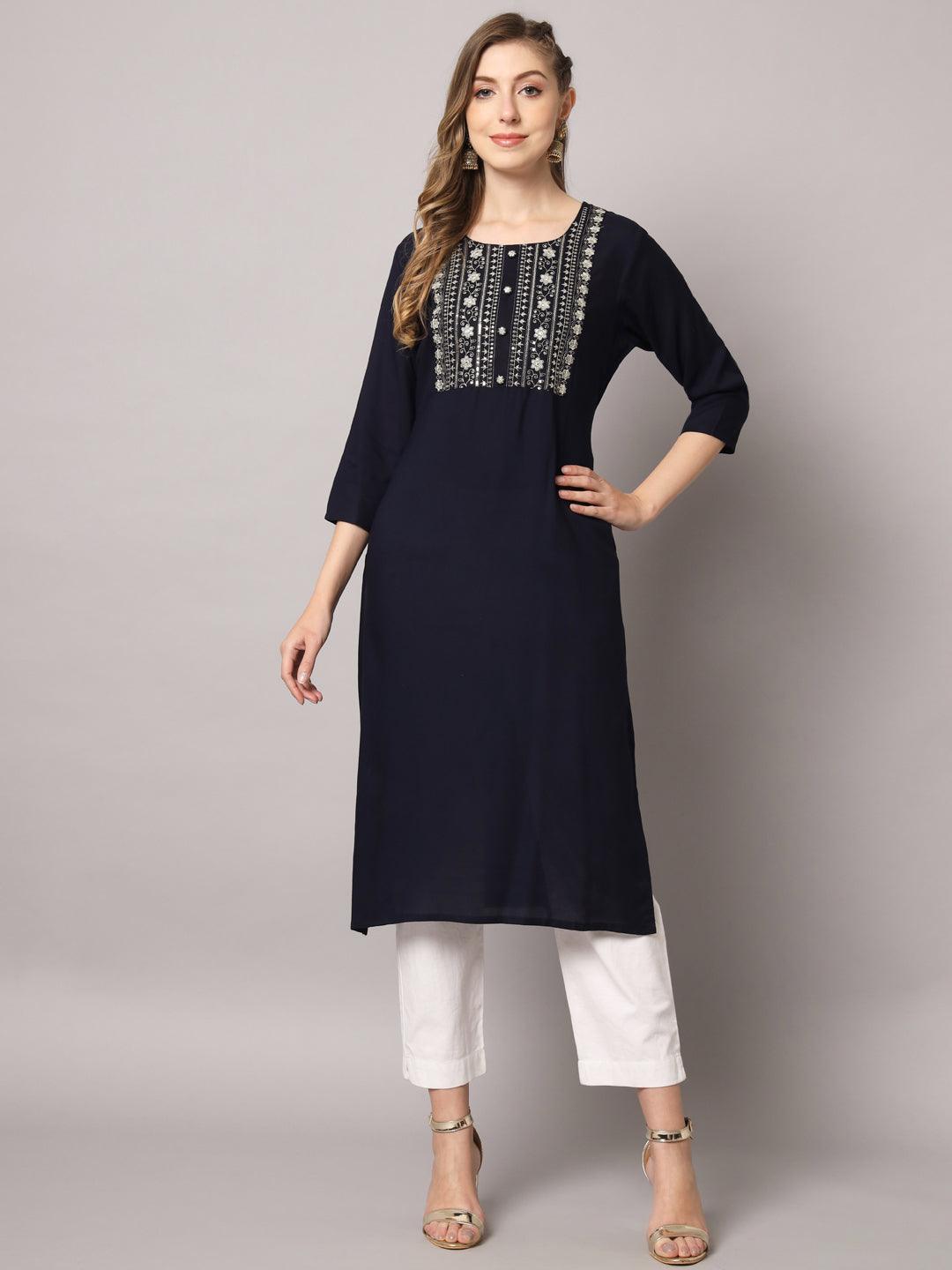 Women's Dark Blue Color Solid Rayon Embroidered Kurta - PREKSHA - Indiakreations