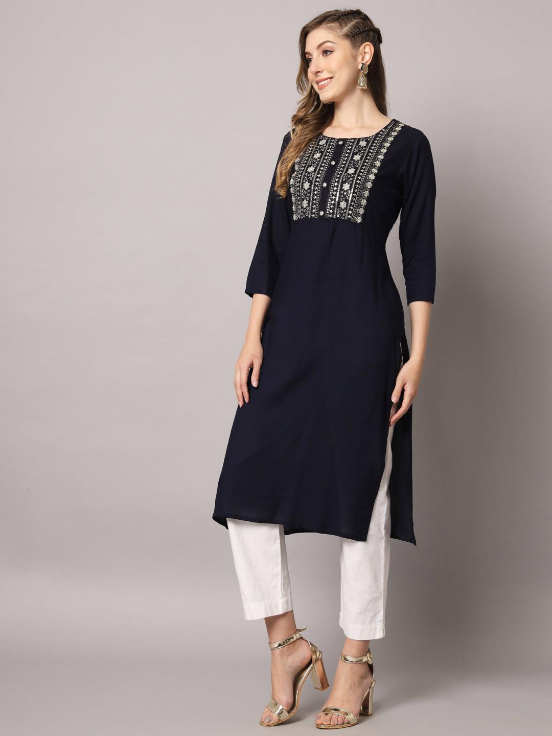 Women's Dark Blue Color Solid Rayon Embroidered Kurta - PREKSHA - Indiakreations