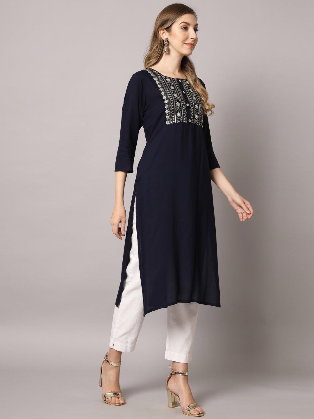 Women's Dark Blue Color Solid Rayon Embroidered Kurta - PREKSHA - Indiakreations