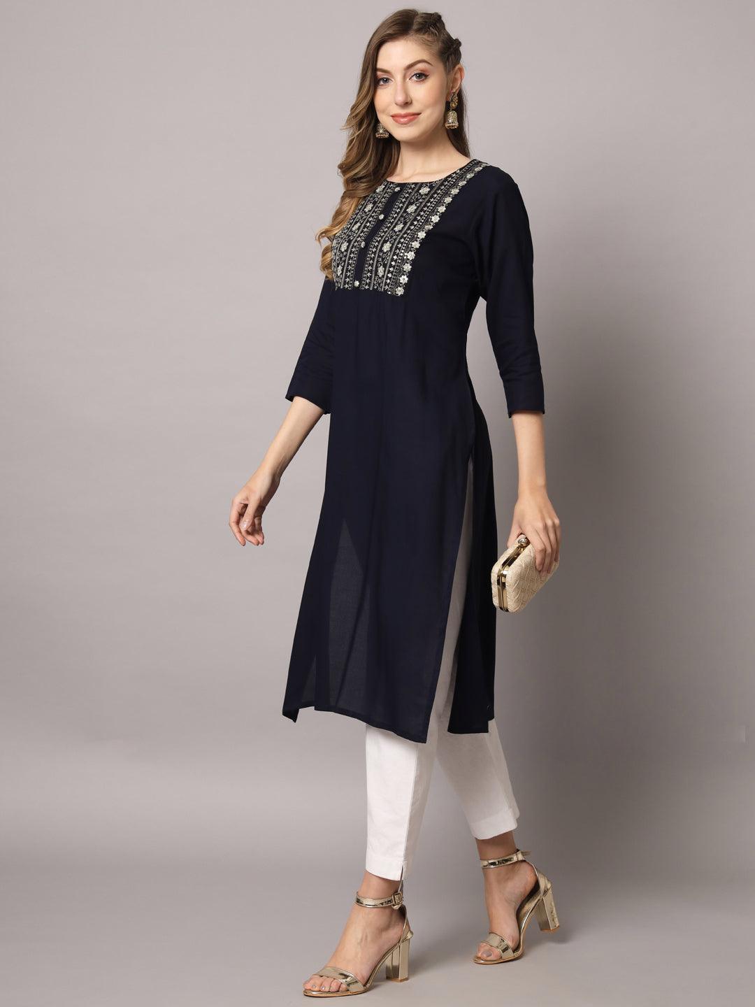 Women's Dark Blue Color Solid Rayon Embroidered Kurta - PREKSHA - Indiakreations