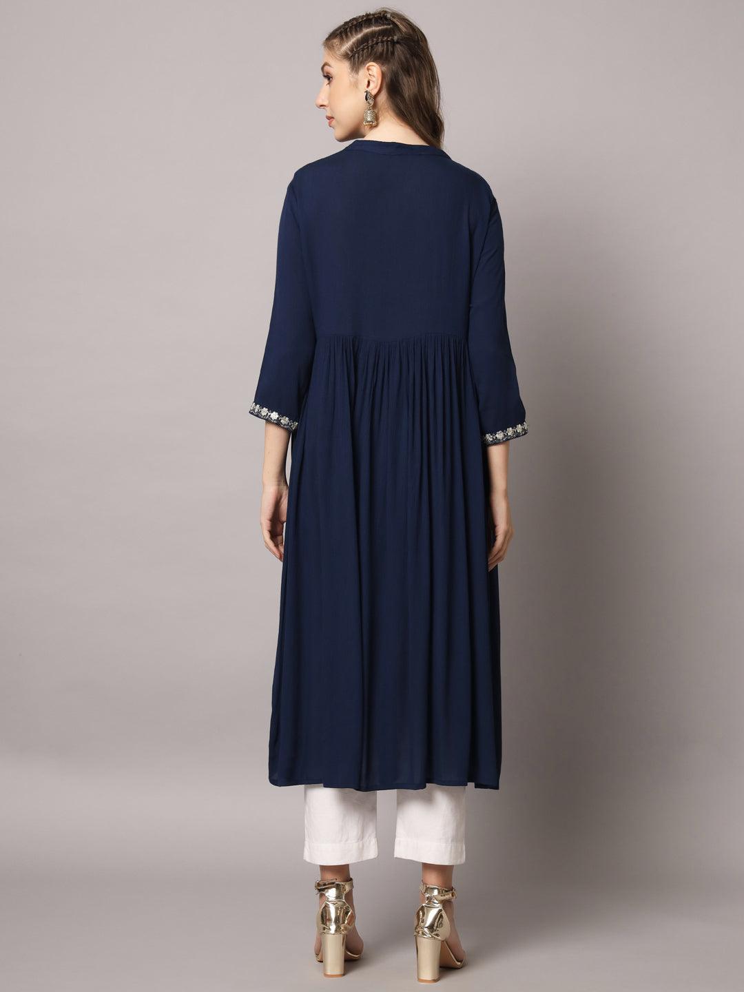 Women's Navy Blue Color Solid Rayon Crepe Embroidered Kurta - PREKSHA - Indiakreations