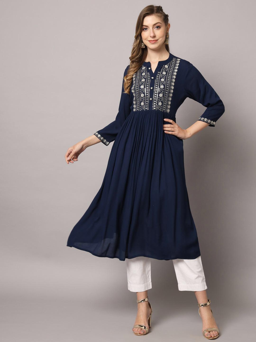 Women's Navy Blue Color Solid Rayon Crepe Embroidered Kurta - PREKSHA - Indiakreations