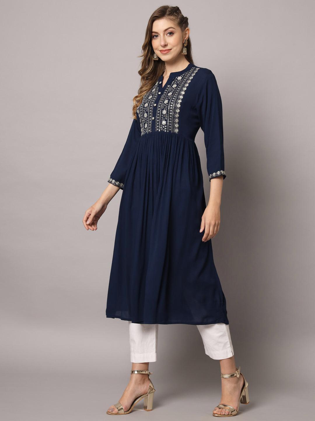 Women's Navy Blue Color Solid Rayon Crepe Embroidered Kurta - PREKSHA - Indiakreations