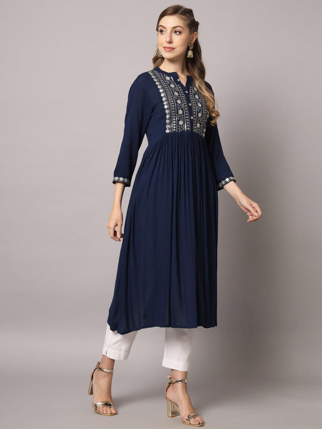 Women's Navy Blue Color Solid Rayon Crepe Embroidered Kurta - PREKSHA - Indiakreations