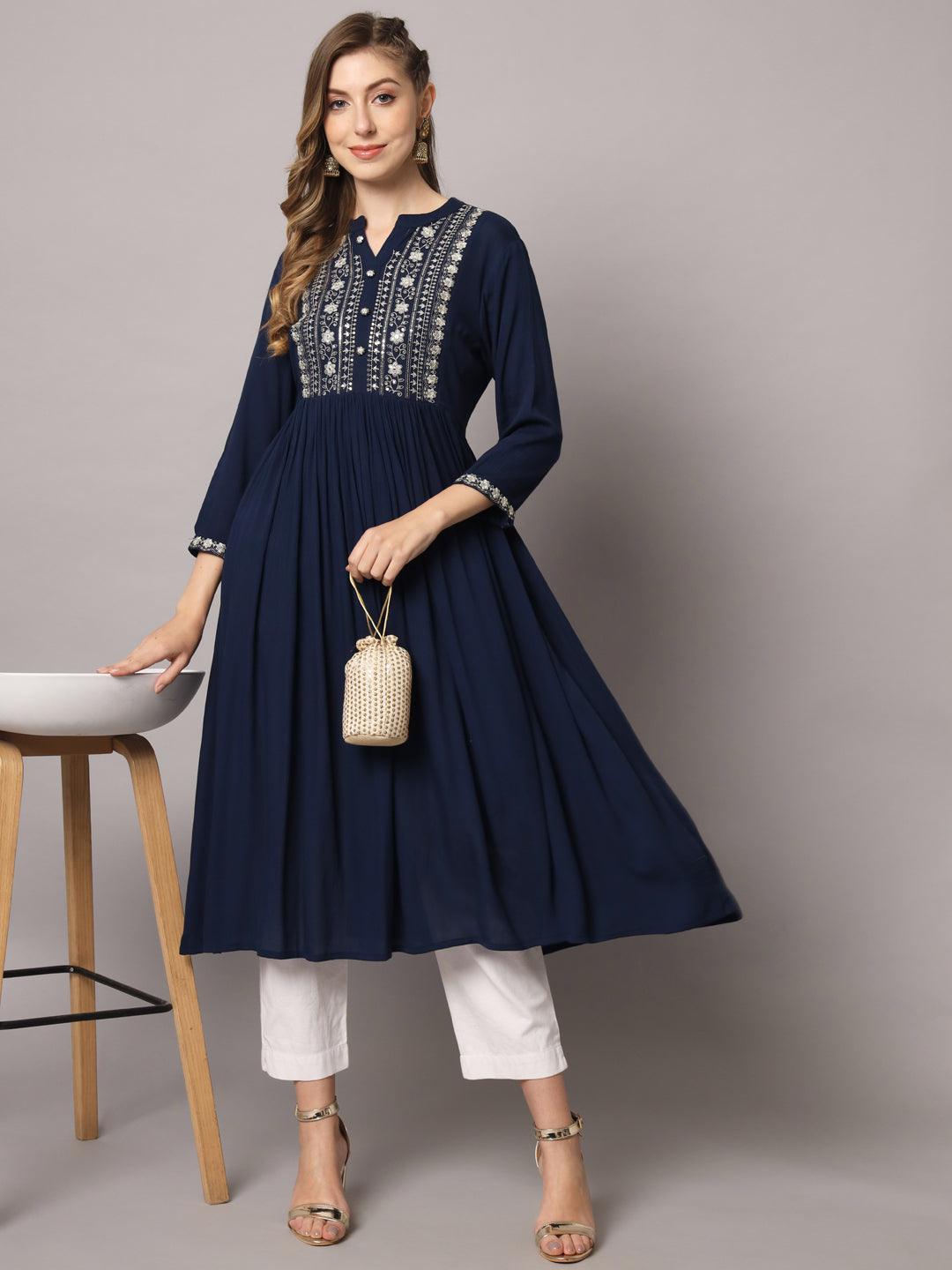 Women's Navy Blue Color Solid Rayon Crepe Embroidered Kurta - PREKSHA - Indiakreations