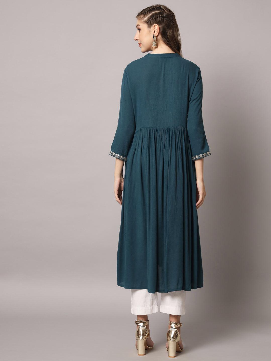 Women's Teal Green Color Solid Rayon Crepe Embroidered Kurta - PREKSHA - Indiakreations