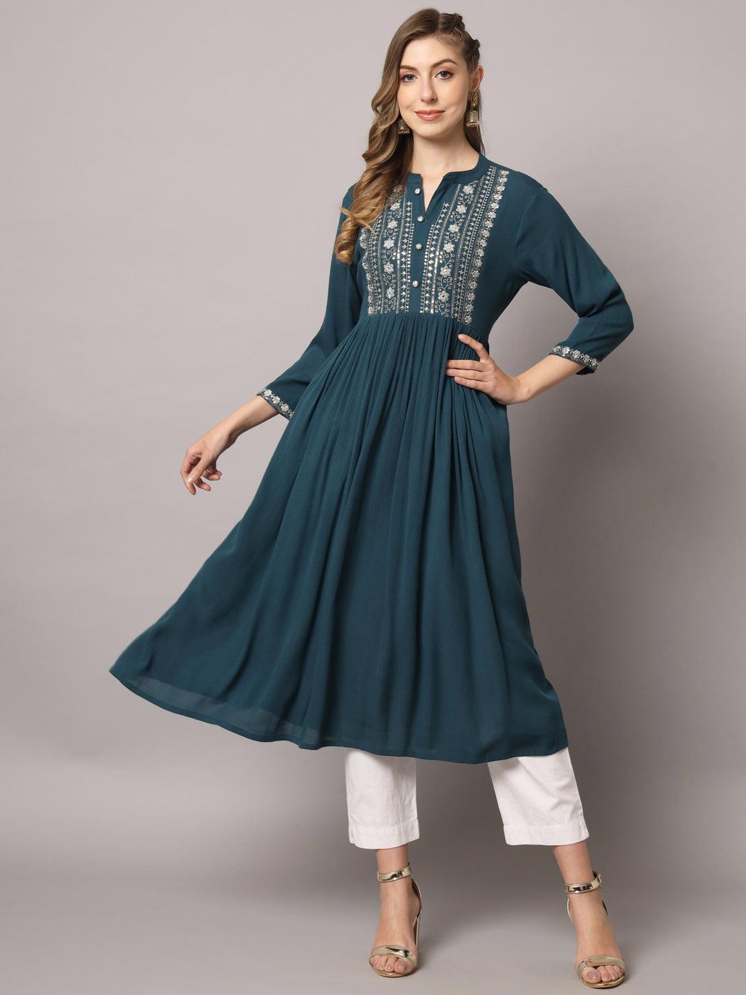 Women's Teal Green Color Solid Rayon Crepe Embroidered Kurta - PREKSHA - Indiakreations