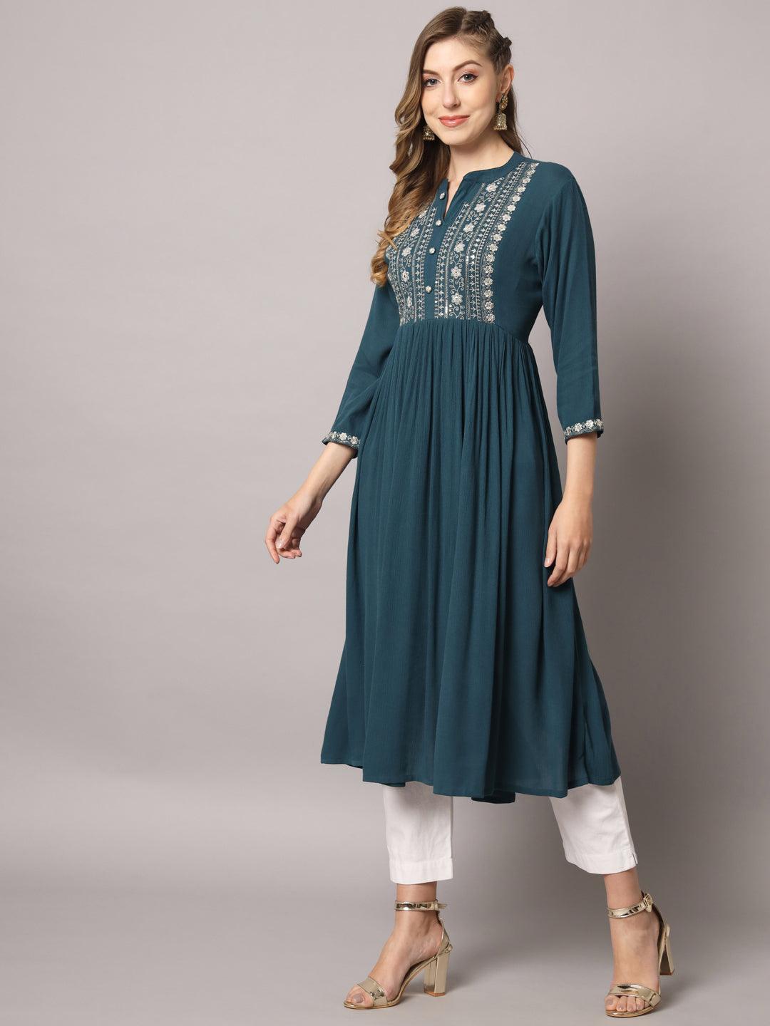 Women's Teal Green Color Solid Rayon Crepe Embroidered Kurta - PREKSHA - Indiakreations