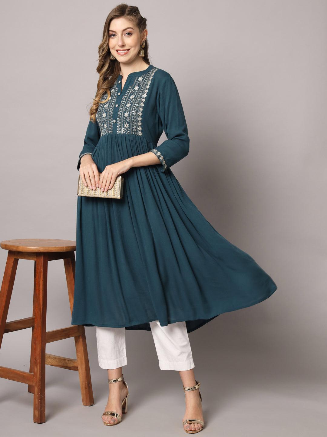 Women's Teal Green Color Solid Rayon Crepe Embroidered Kurta - PREKSHA - Indiakreations