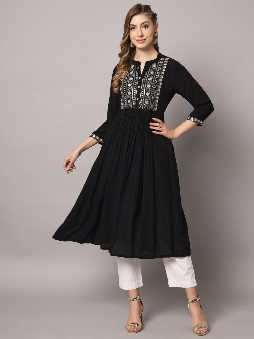 Women's Black Color Solid Rayon Crepe Embroidered Kurta - PREKSHA - Indiakreations