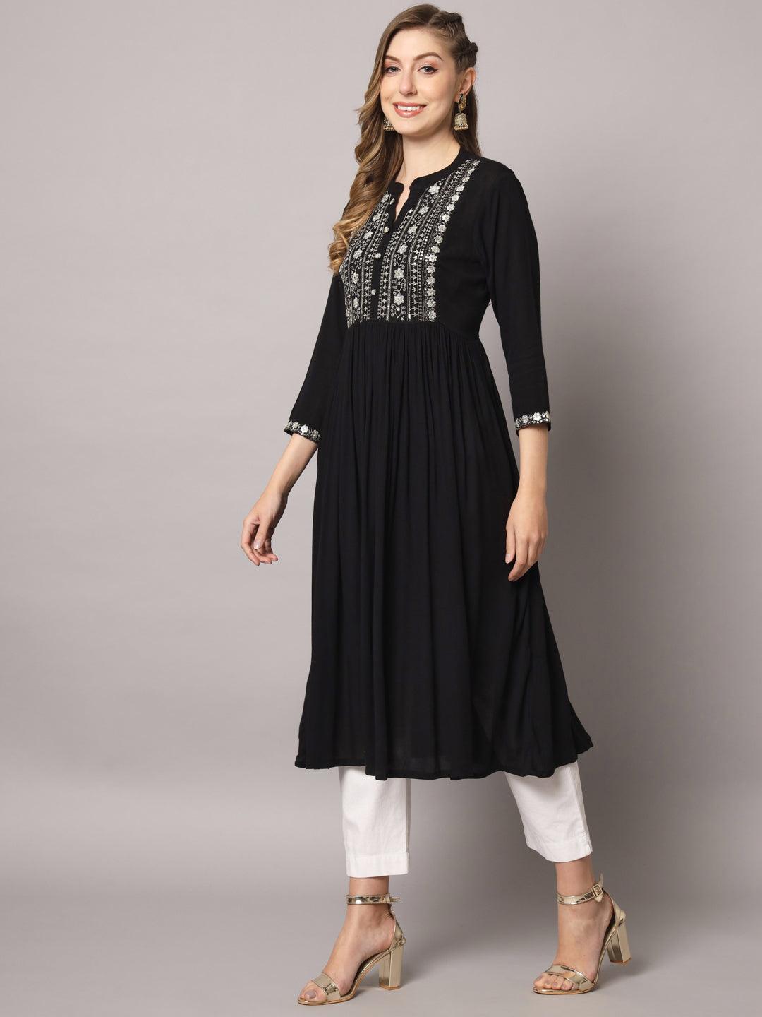 Women's Black Color Solid Rayon Crepe Embroidered Kurta - PREKSHA - Indiakreations