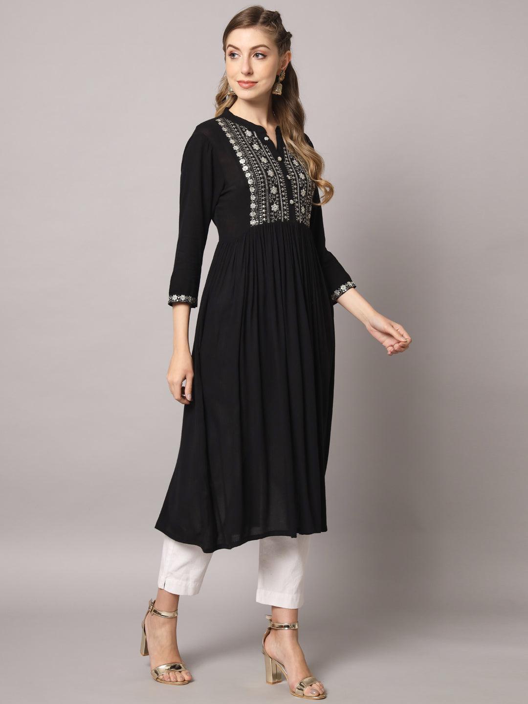 Women's Black Color Solid Rayon Crepe Embroidered Kurta - PREKSHA - Indiakreations