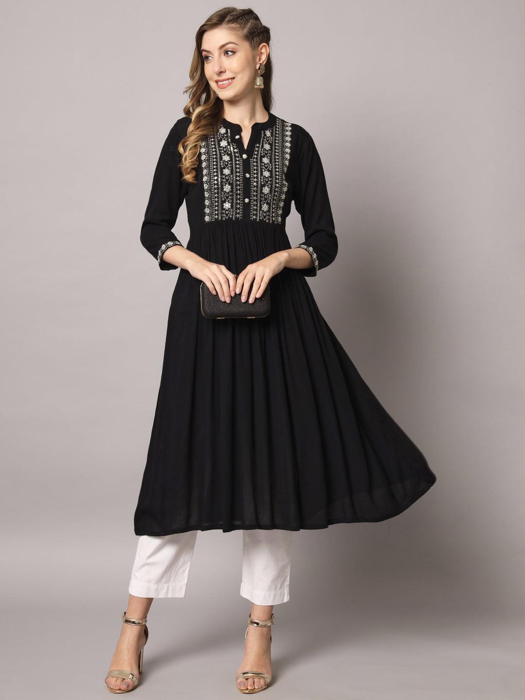 Women's Black Color Solid Rayon Crepe Embroidered Kurta - PREKSHA - Indiakreations