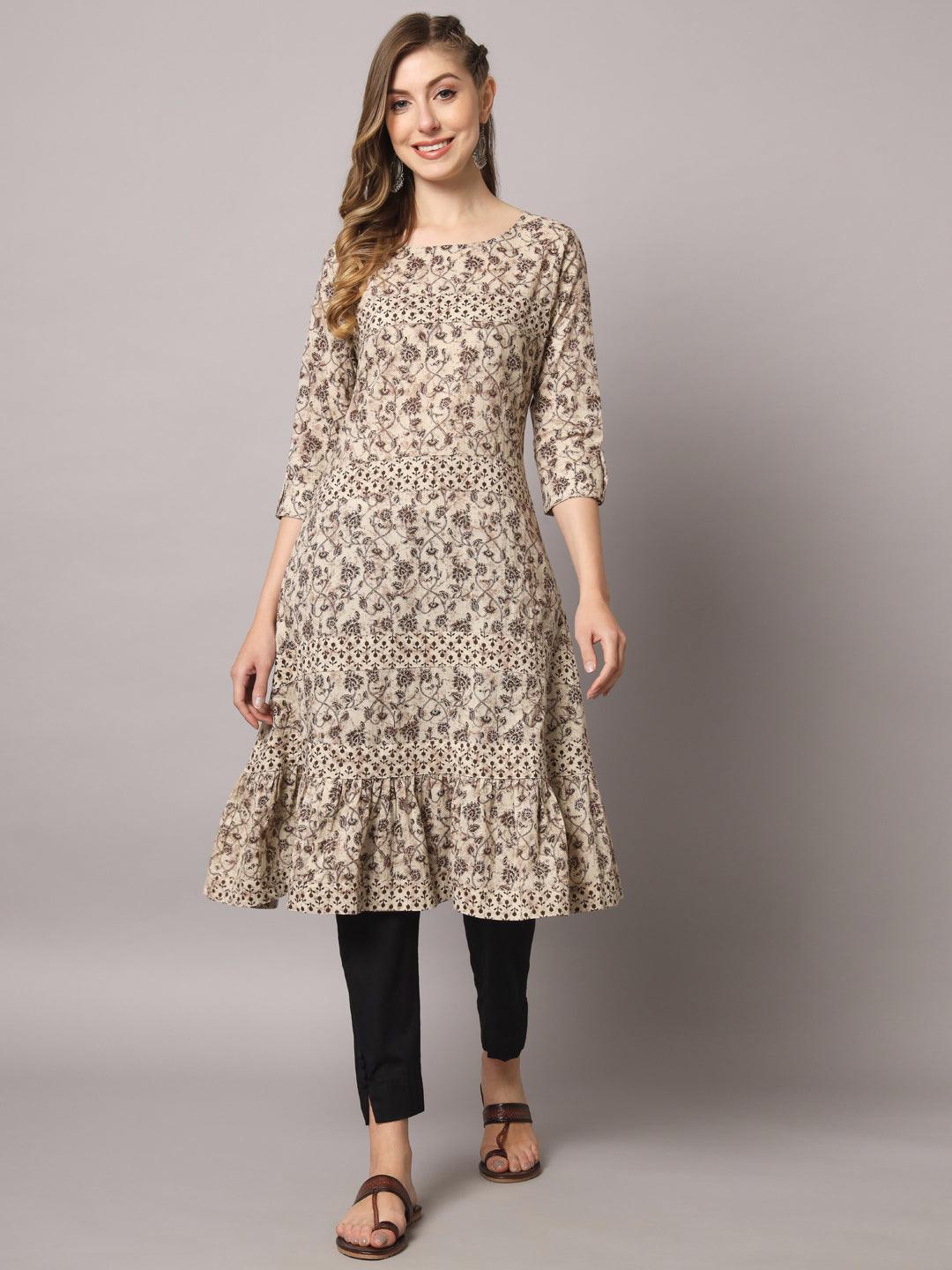 Women's Beige Color Ethnic Motifs Cotton Printed Kurta - PREKSHA - Indiakreations