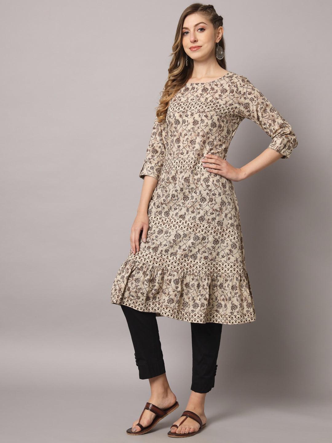 Women's Beige Color Ethnic Motifs Cotton Printed Kurta - PREKSHA - Indiakreations