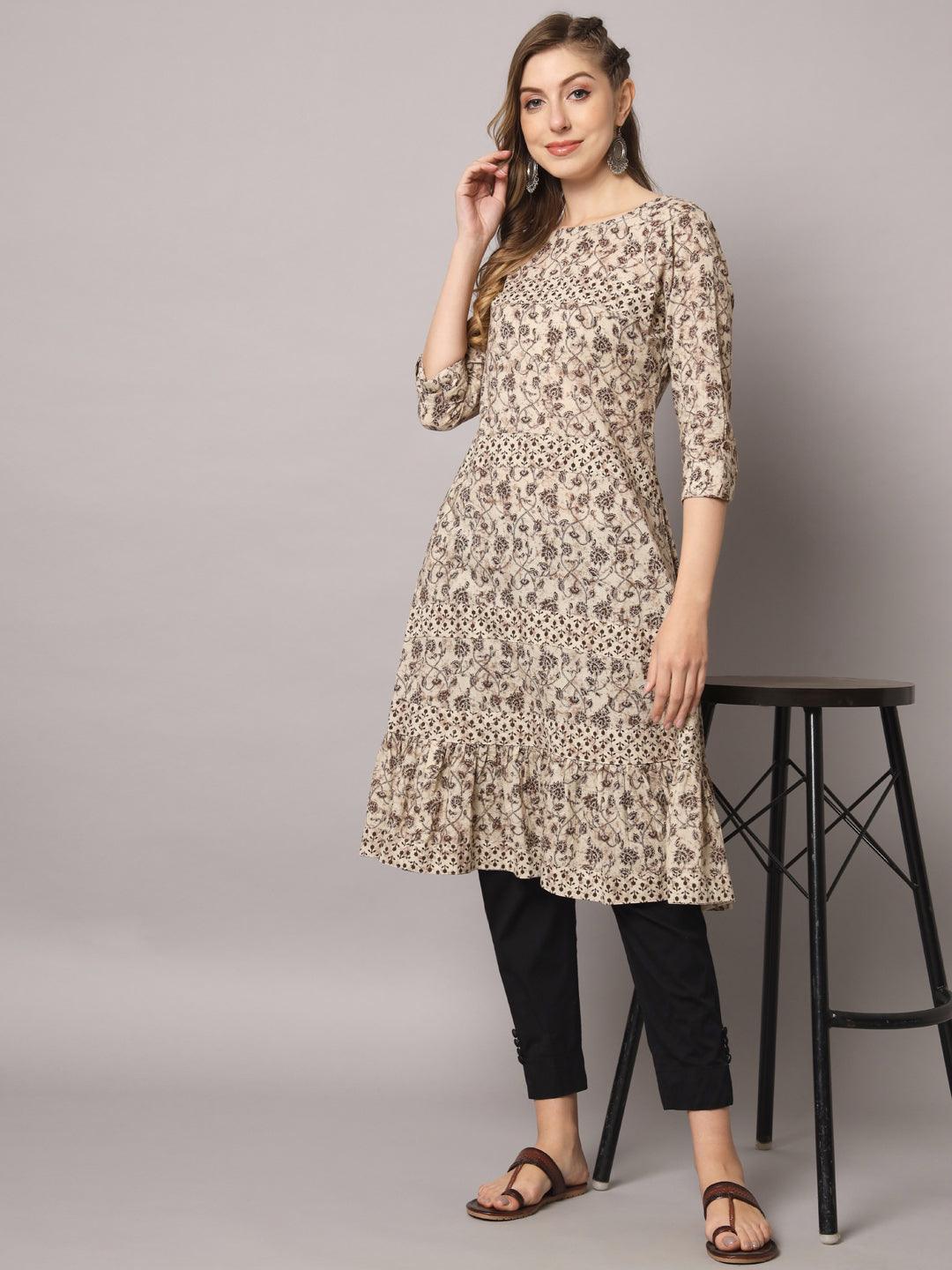 Women's Beige Color Ethnic Motifs Cotton Printed Kurta - PREKSHA - Indiakreations