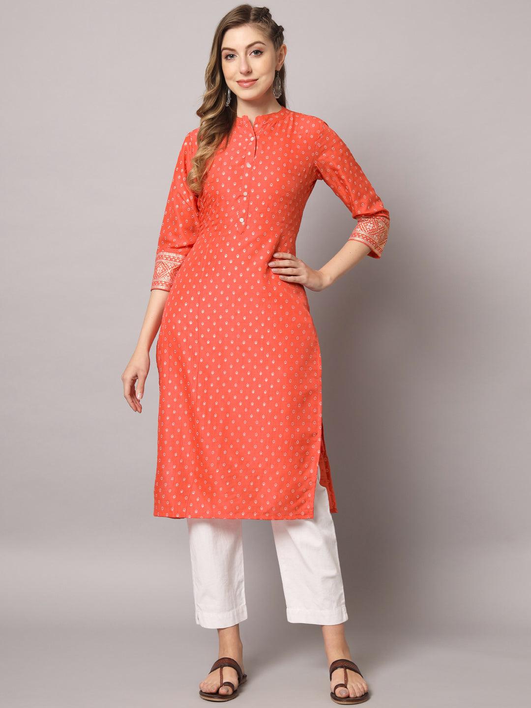 Women's Red Color Solid Rayon Printed Kurta - PREKSHA - Indiakreations