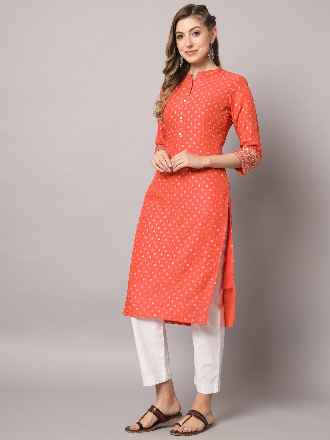 Women's Red Color Solid Rayon Printed Kurta - PREKSHA - Indiakreations