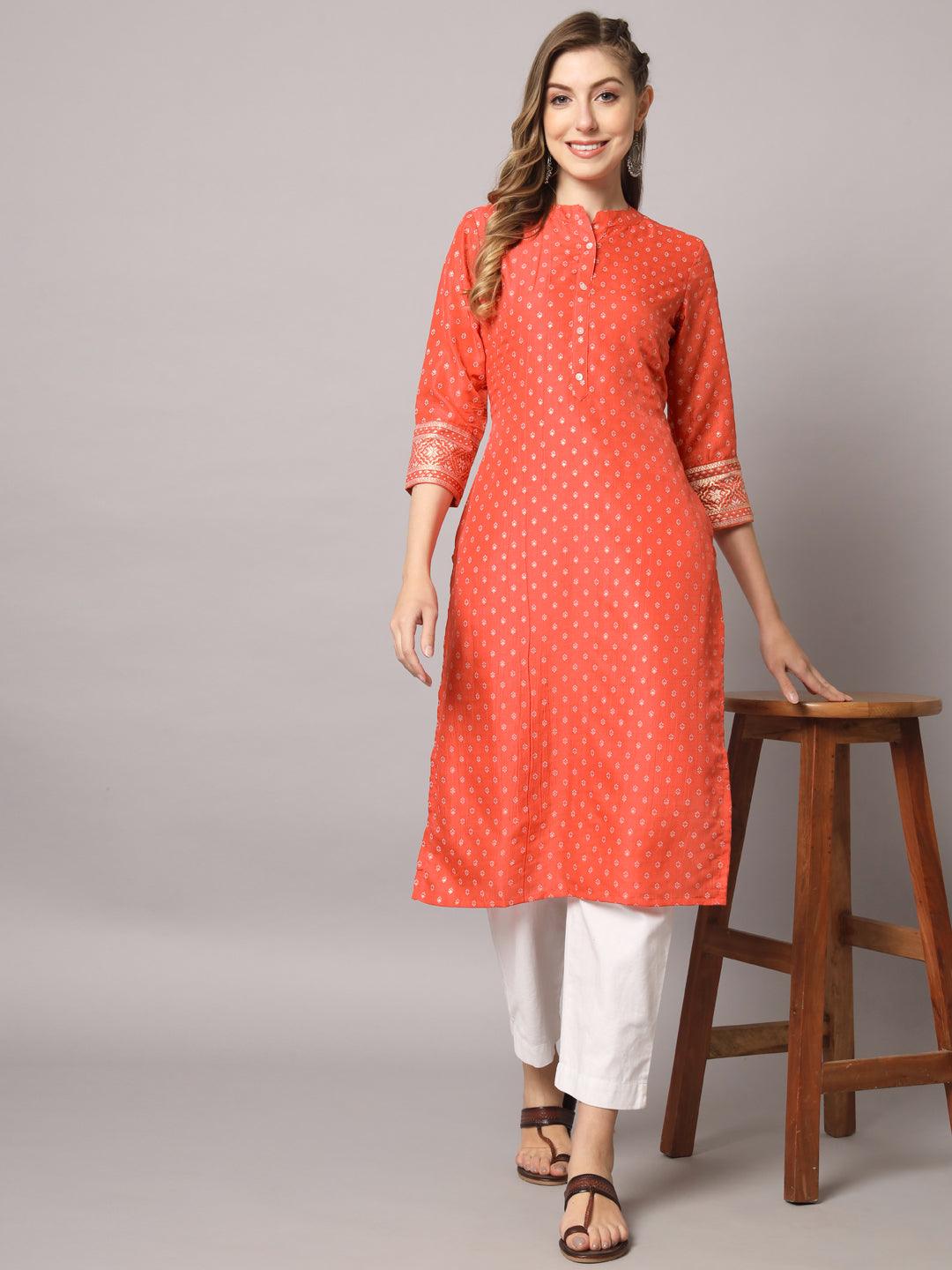 Women's Red Color Solid Rayon Printed Kurta - PREKSHA - Indiakreations