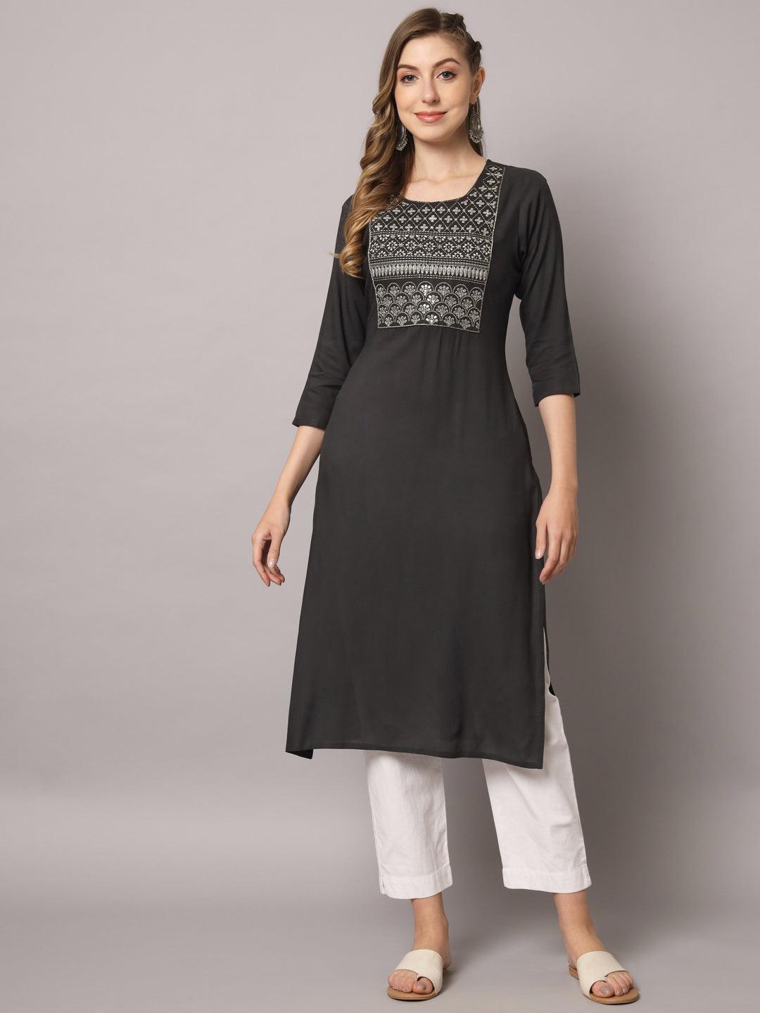 Women's Grey Color Solid Rayon Embroidered Kurta - PREKSHA - Indiakreations