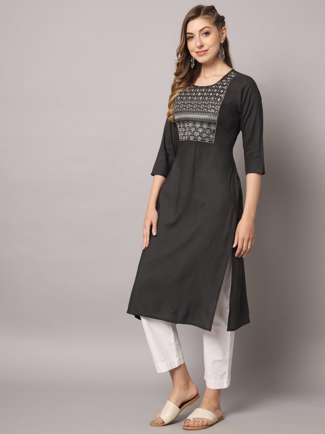 Women's Grey Color Solid Rayon Embroidered Kurta - PREKSHA - Indiakreations