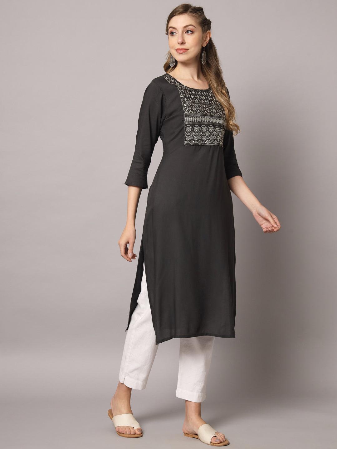 Women's Grey Color Solid Rayon Embroidered Kurta - PREKSHA - Indiakreations