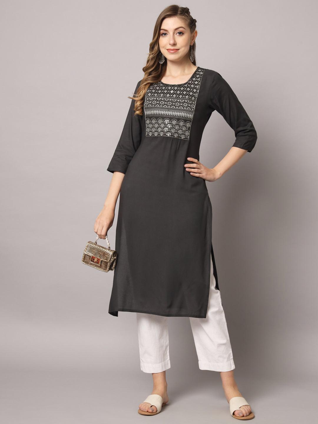 Women's Grey Color Solid Rayon Embroidered Kurta - PREKSHA - Indiakreations