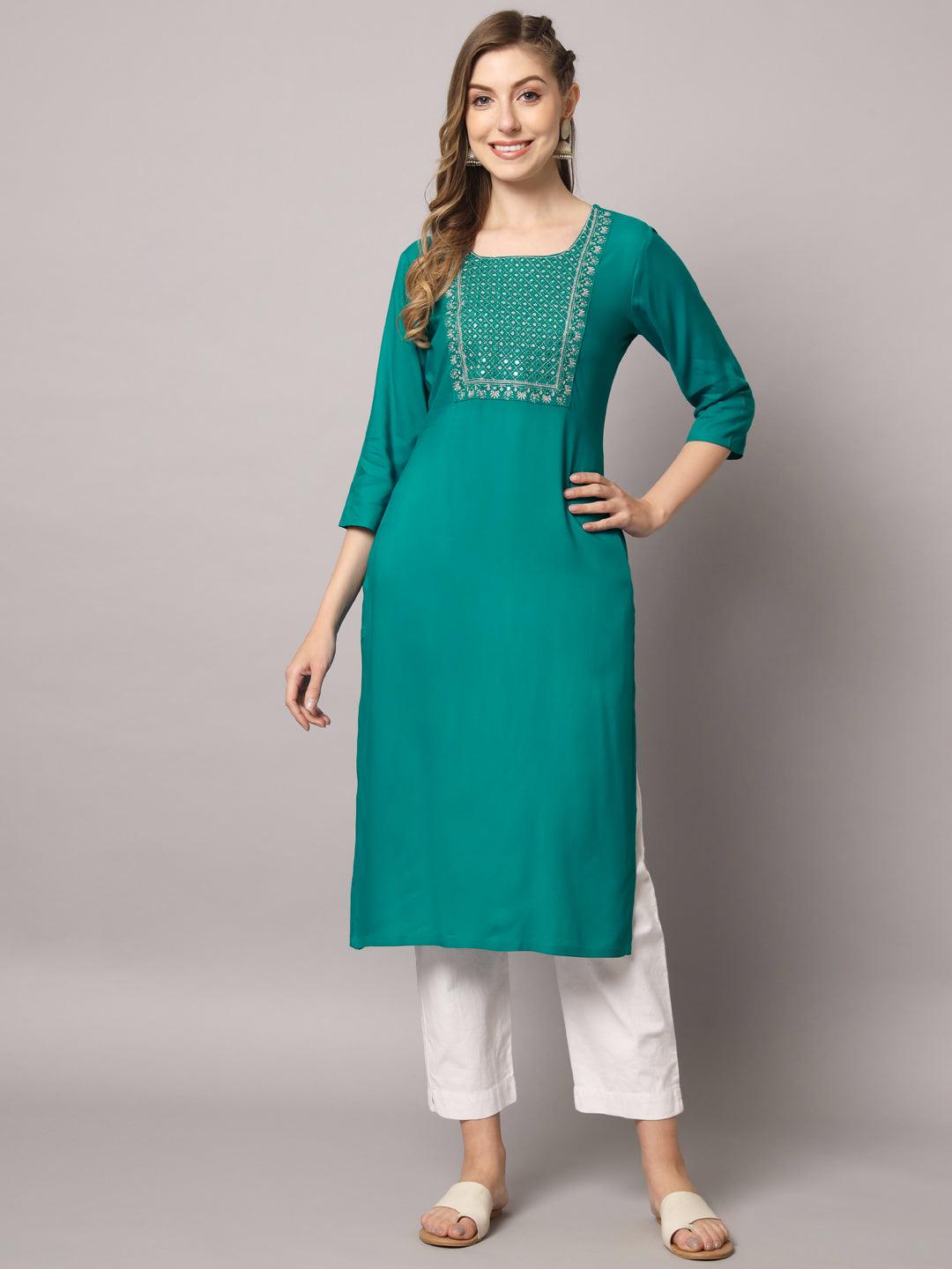 Women's Teal Blue Color Solid Rayon Embroidered Kurta - PREKSHA - Indiakreations