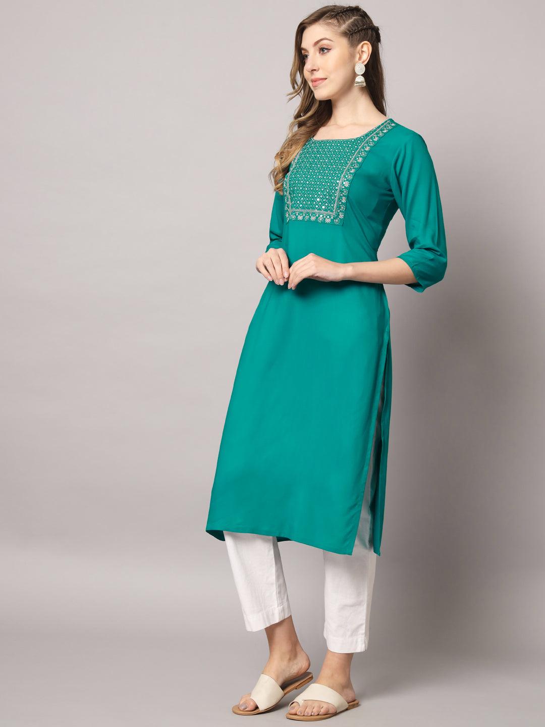 Women's Teal Blue Color Solid Rayon Embroidered Kurta - PREKSHA - Indiakreations