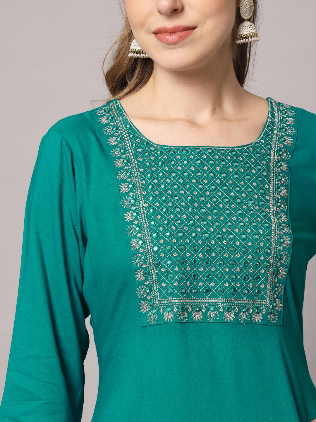 Women's Teal Blue Color Solid Rayon Embroidered Kurta - PREKSHA - Indiakreations