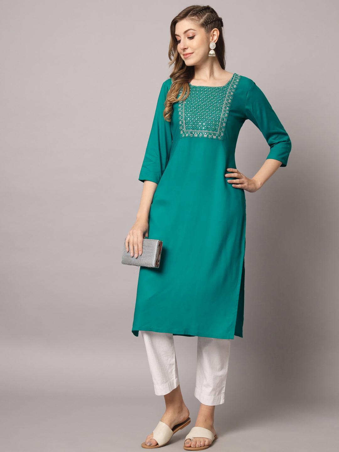 Women's Teal Blue Color Solid Rayon Embroidered Kurta - PREKSHA - Indiakreations