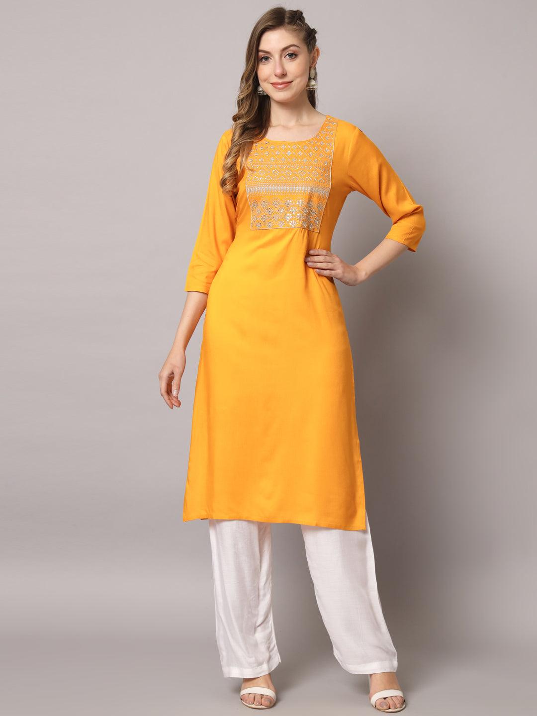 Women's Mustrad Color Solid Rayon Embroidered Kurta - PREKSHA - Indiakreations