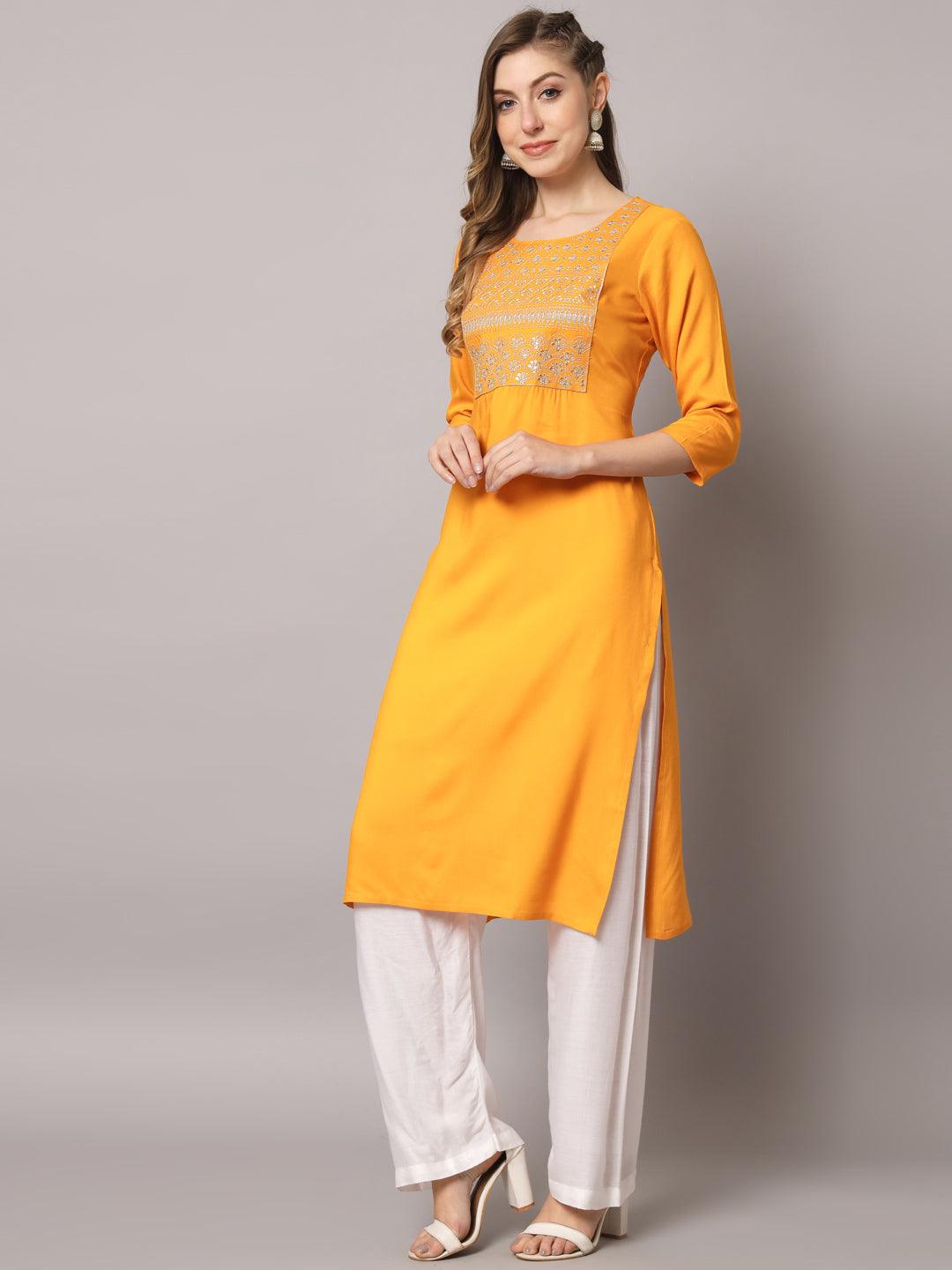 Women's Mustrad Color Solid Rayon Embroidered Kurta - PREKSHA - Indiakreations