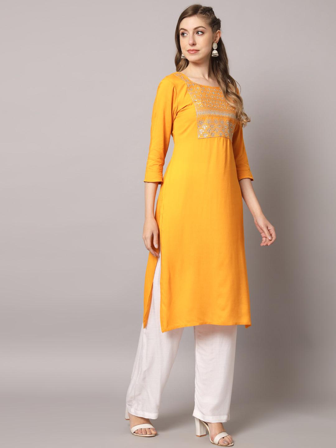 Women's Mustrad Color Solid Rayon Embroidered Kurta - PREKSHA - Indiakreations