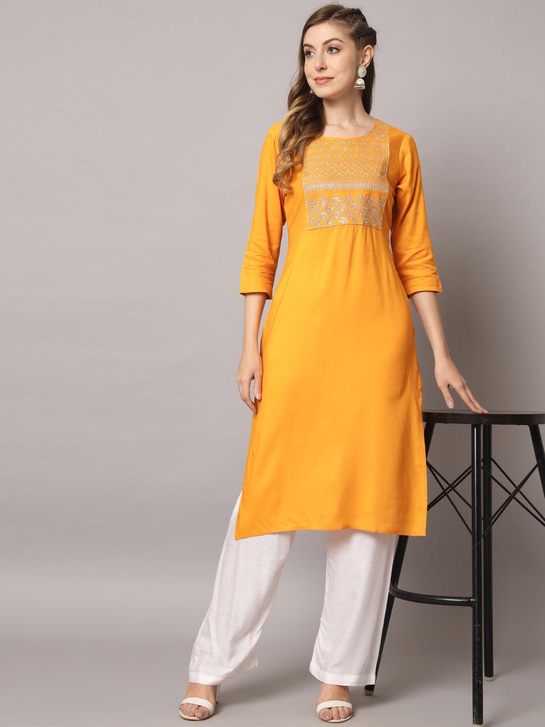 Women's Mustrad Color Solid Rayon Embroidered Kurta - PREKSHA - Indiakreations