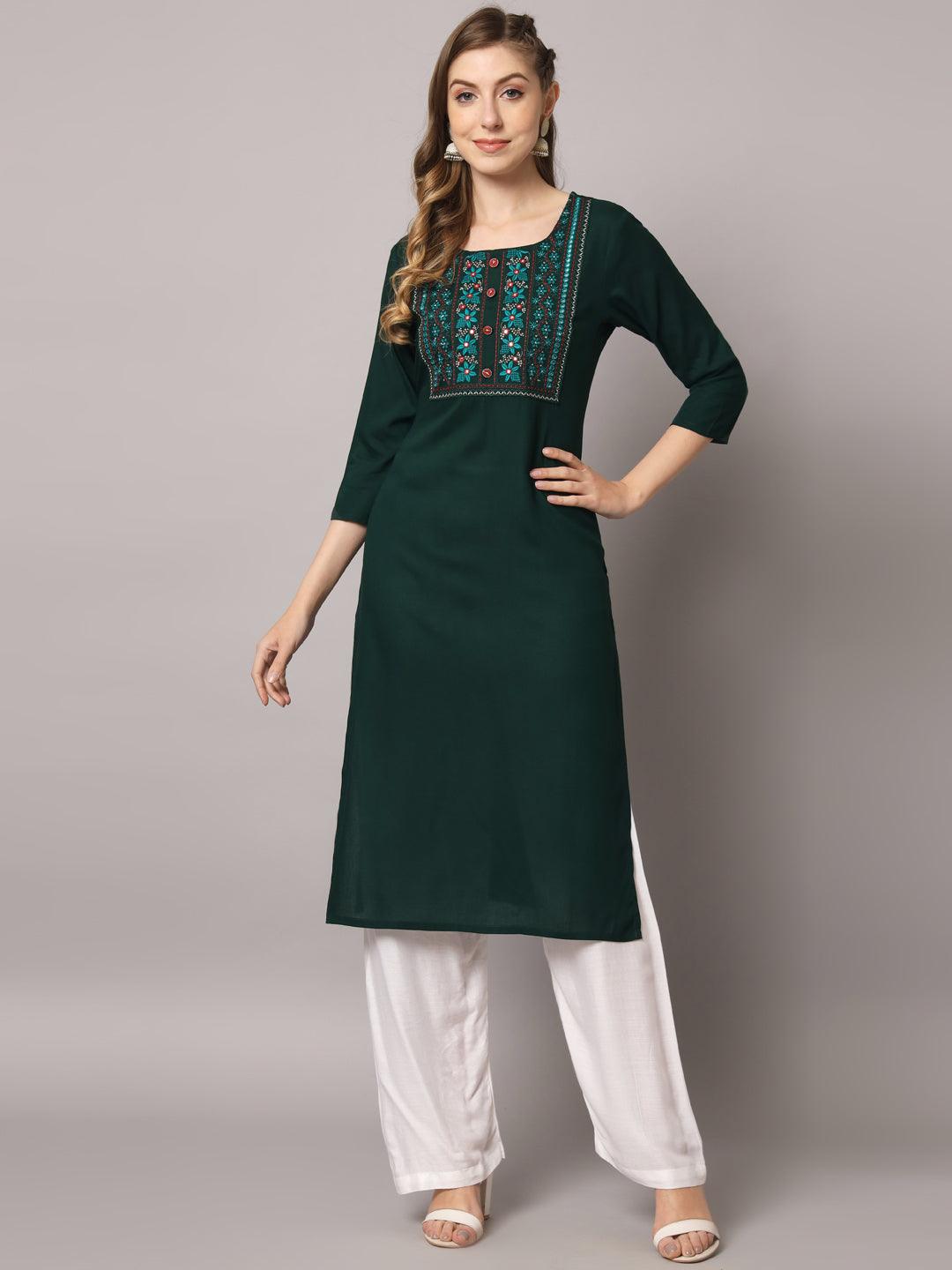 Women's Teal Green Color Solid Rayon Embroidered Kurta - PREKSHA - Indiakreations