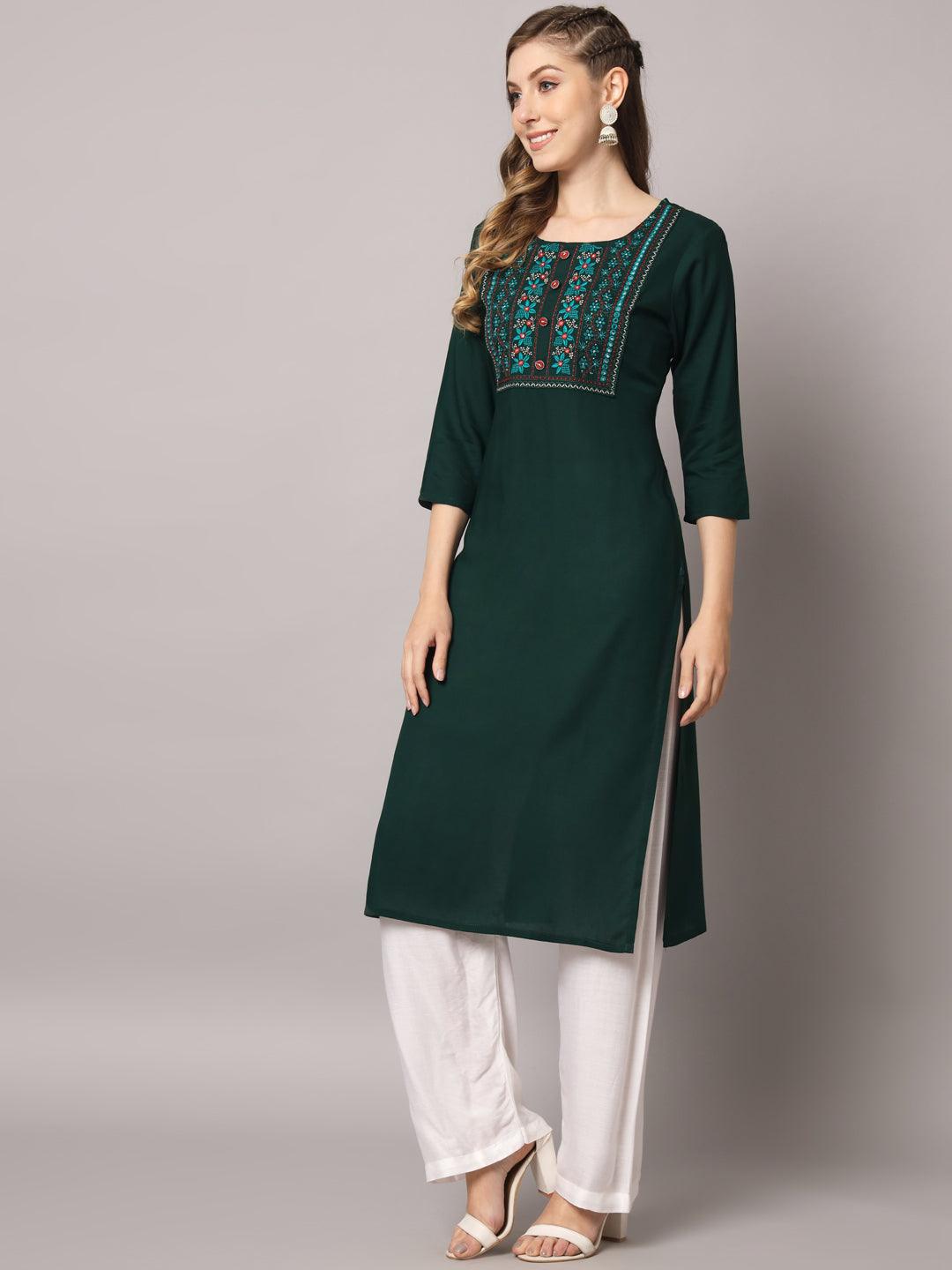 Women's Teal Green Color Solid Rayon Embroidered Kurta - PREKSHA - Indiakreations