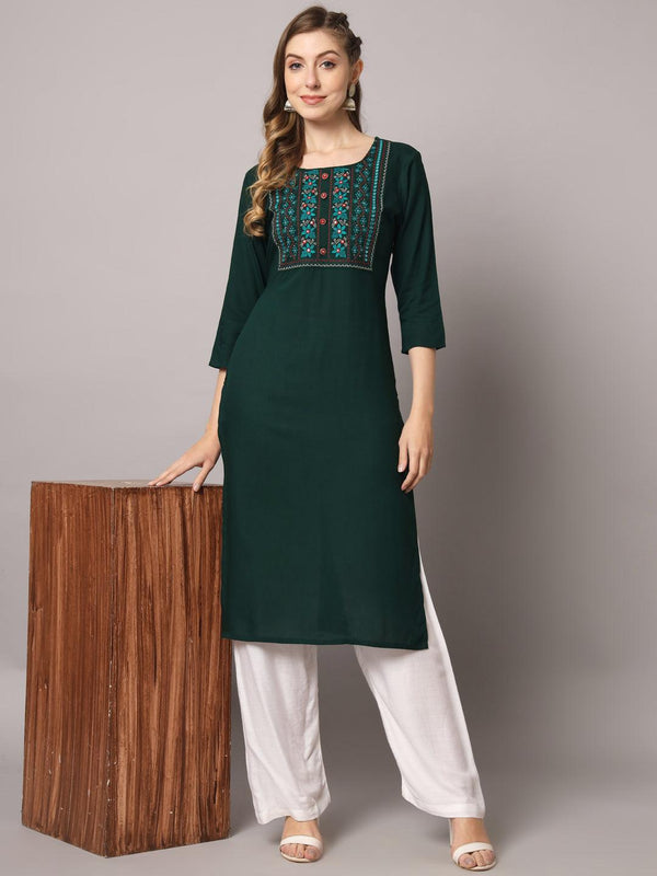 Women's Teal Green Color Solid Rayon Embroidered Kurta - PREKSHA - Indiakreations