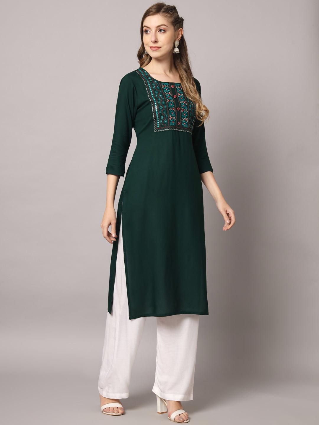 Women's Teal Green Color Solid Rayon Embroidered Kurta - PREKSHA - Indiakreations