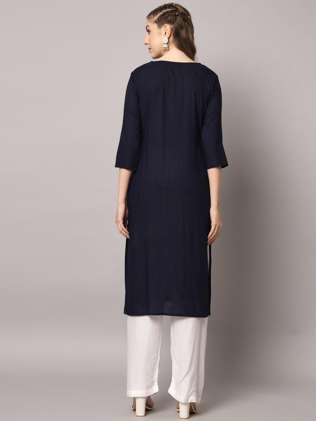 Women's Dark Blue Color Solid Rayon Embroidered Kurta - PREKSHA - Indiakreations