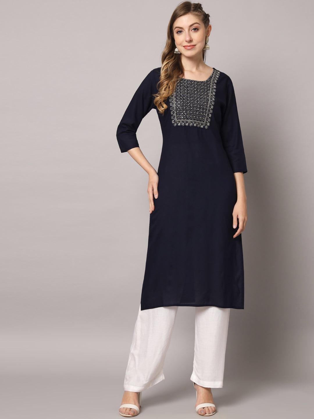 Women's Dark Blue Color Solid Rayon Embroidered Kurta - PREKSHA - Indiakreations