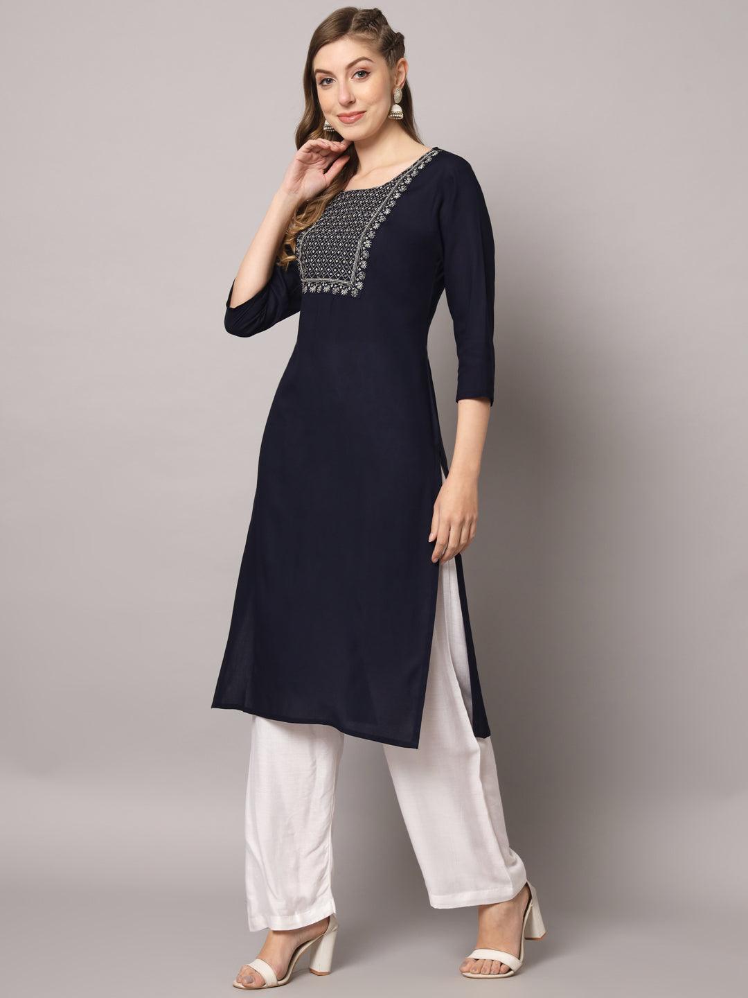 Women's Dark Blue Color Solid Rayon Embroidered Kurta - PREKSHA - Indiakreations