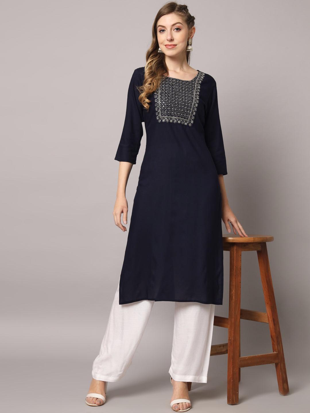 Women's Dark Blue Color Solid Rayon Embroidered Kurta - PREKSHA - Indiakreations