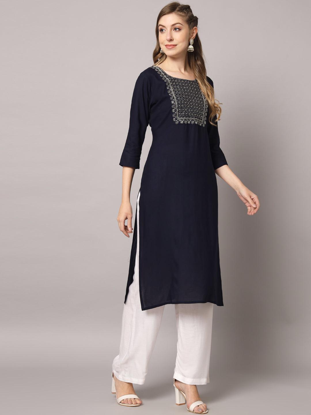 Women's Dark Blue Color Solid Rayon Embroidered Kurta - PREKSHA - Indiakreations