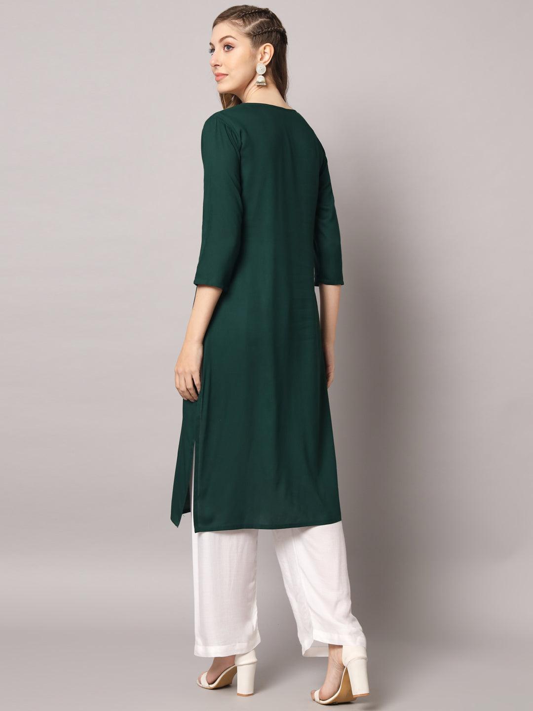 Women's Teal Green Color Solid Rayon Embroidered Kurta - PREKSHA - Indiakreations