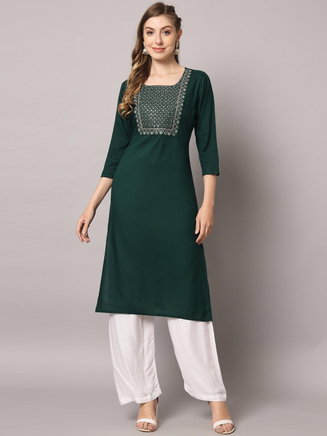 Women's Teal Green Color Solid Rayon Embroidered Kurta - PREKSHA - Indiakreations