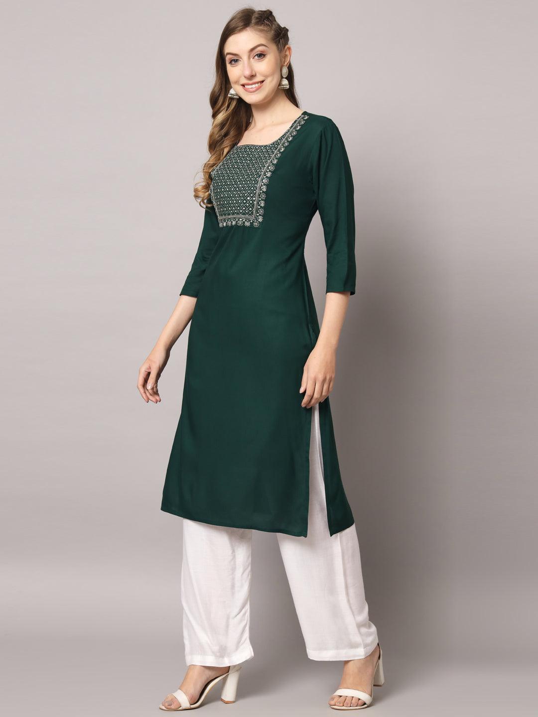 Women's Teal Green Color Solid Rayon Embroidered Kurta - PREKSHA - Indiakreations