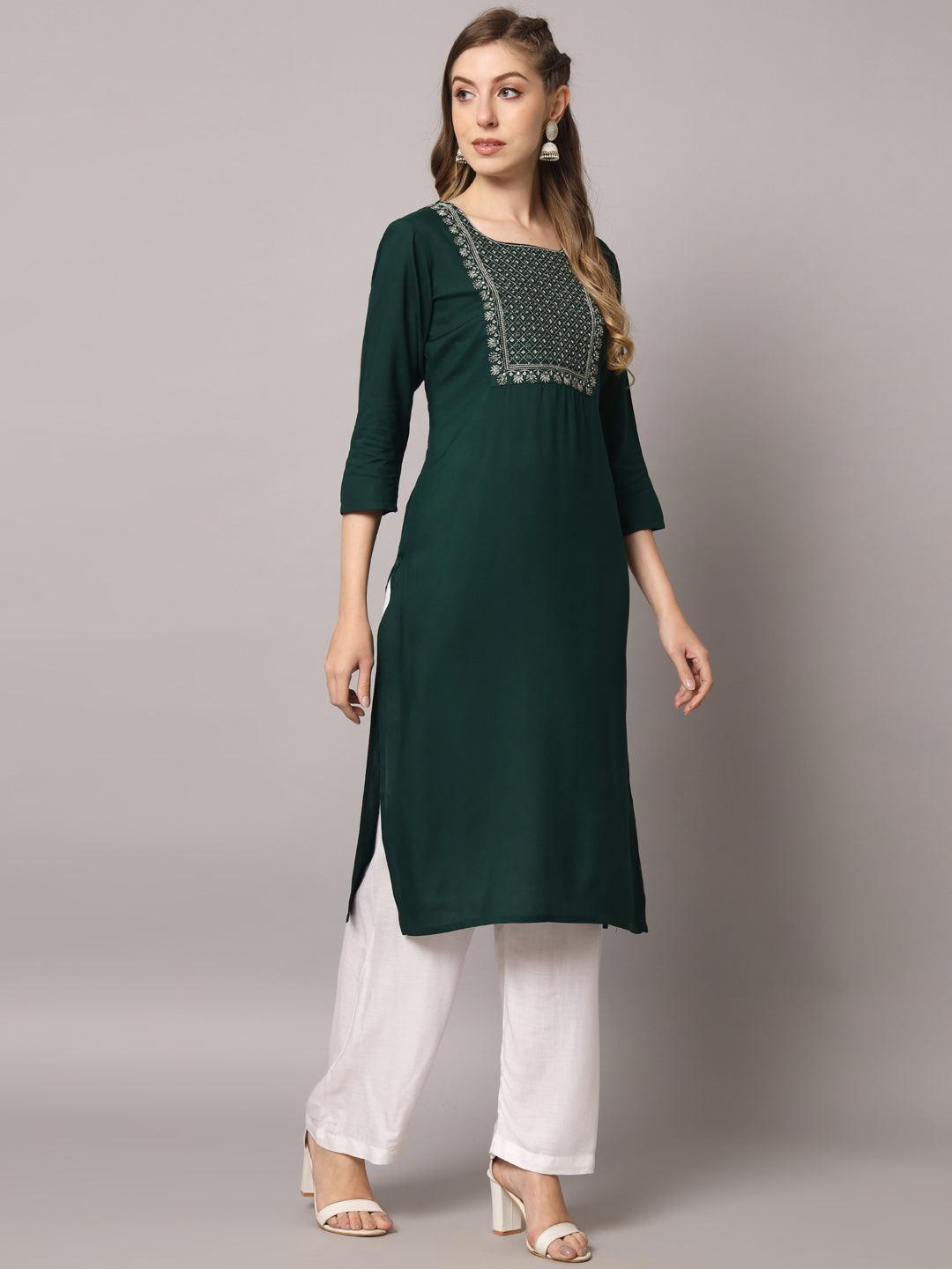 Women's Teal Green Color Solid Rayon Embroidered Kurta - PREKSHA - Indiakreations