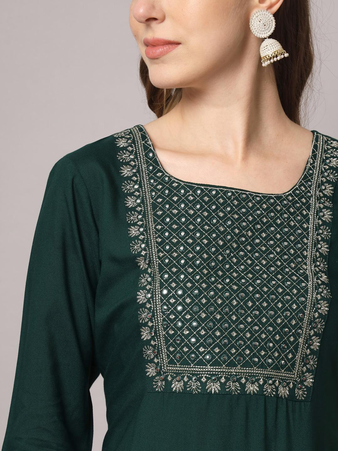 Women's Teal Green Color Solid Rayon Embroidered Kurta - PREKSHA - Indiakreations