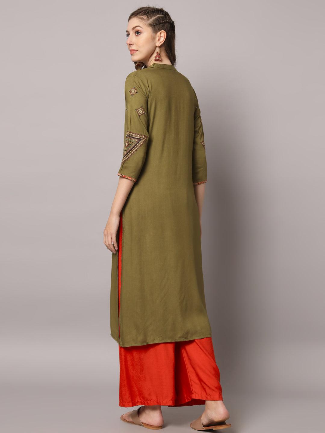 Women's Mahendi Green Color Solid Rayon Embroidered Kurta - PREKSHA - Indiakreations